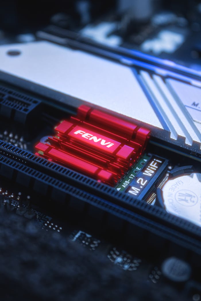 team-04 Detail of a red heat sink on M.2 WIFI slot on a computer motherboard.